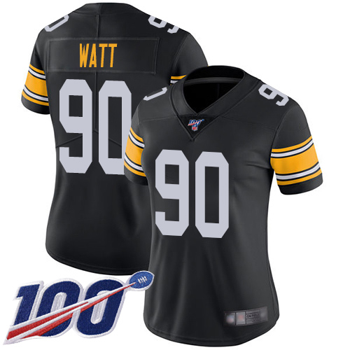 Women Pittsburgh Steelers Football #90 Limited Black T J Watt Alternate 100th Season Vapor Untouchable Nike NFL Jersey